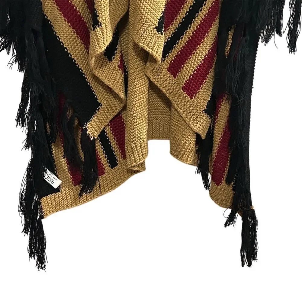 Women's Hooded Poncho Cape Brown Fringe Striped One Size‎